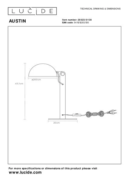 Lucide AUSTIN - Schreibtischlampe - Ø 20 cm - 1xE27 - Schwarz - TECHNISCH